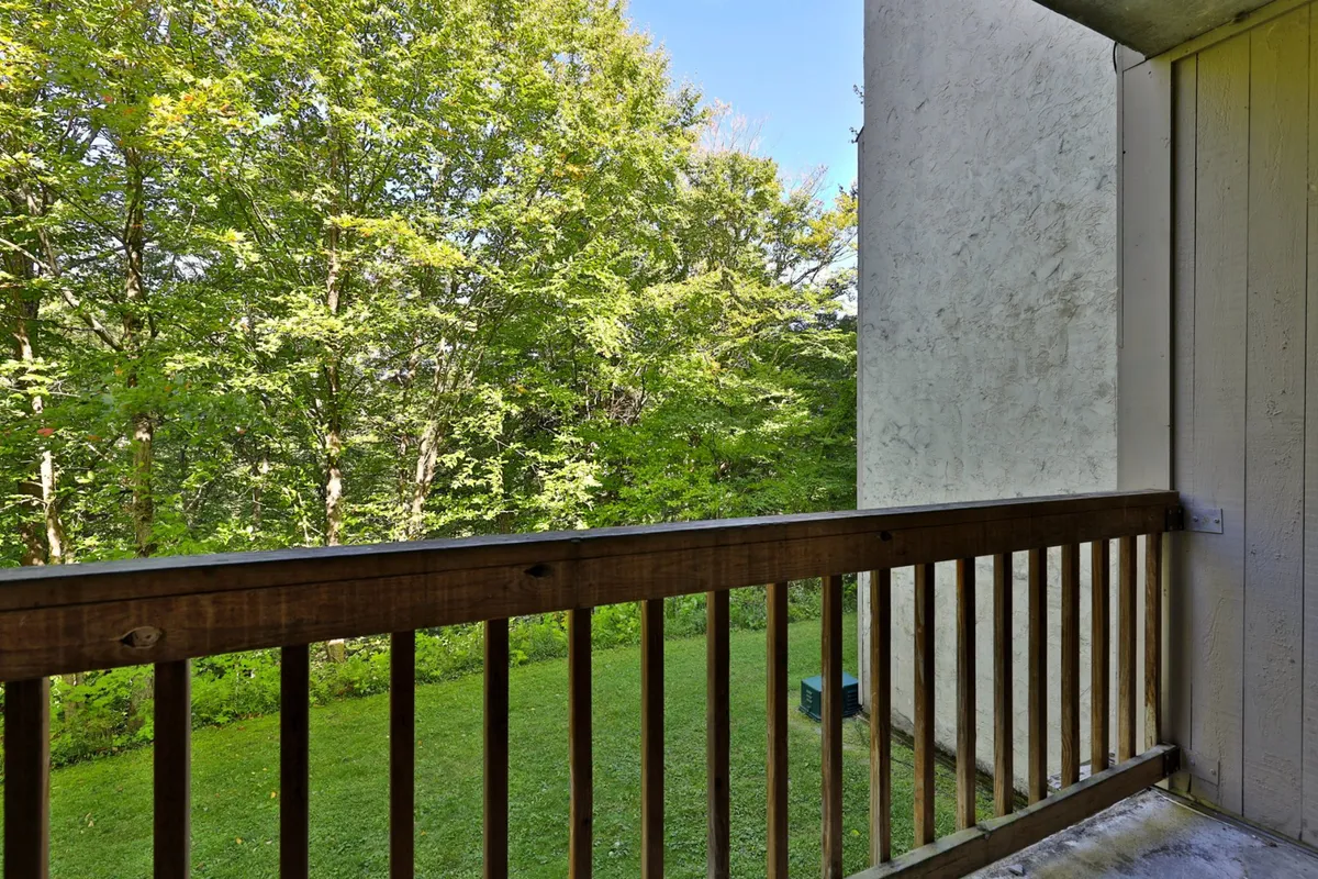 An exterior shot from a balcony or patio, featuring wooden railings and vibrant green foliage. The open space suggests a peaceful spot for relaxation, reading, or enjoying the mountain air.